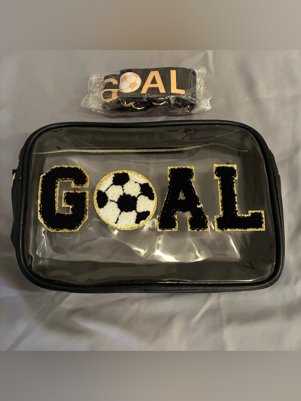 GOAL Clear Accessories Bag with Soccer Patch & Detachable Strap - Black & Gold